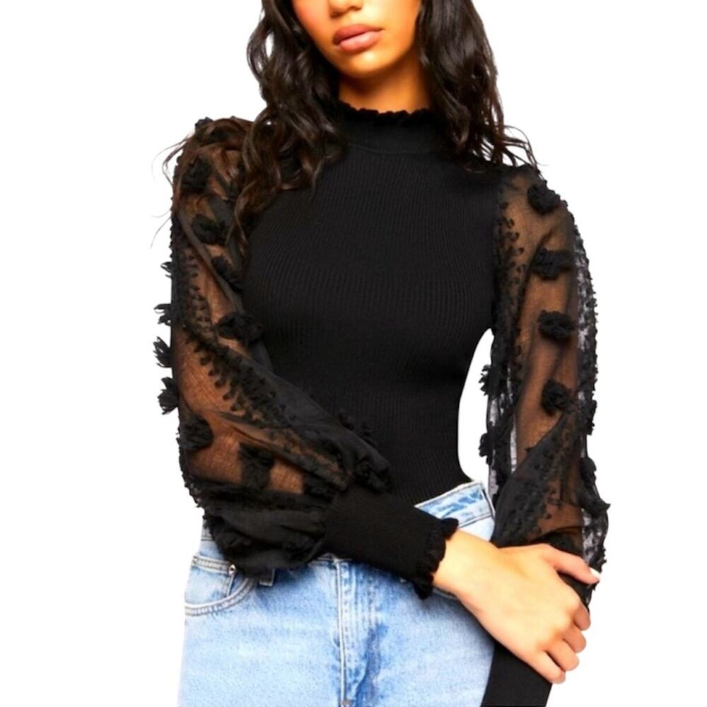 ALMOST FAMOUS Women's Black 3D Flower Long Sleeve High Neck Blouse